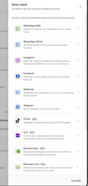 Seletor de novo canal com WhatsApp, Instagram, Facebook, WebChat e outros tipos disponíveis