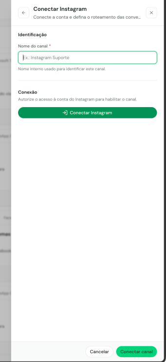 Formulário para nomear e autorizar um canal do Instagram