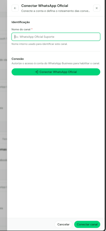 Formulário para nomear e conectar um canal do WhatsApp Oficial pela Meta