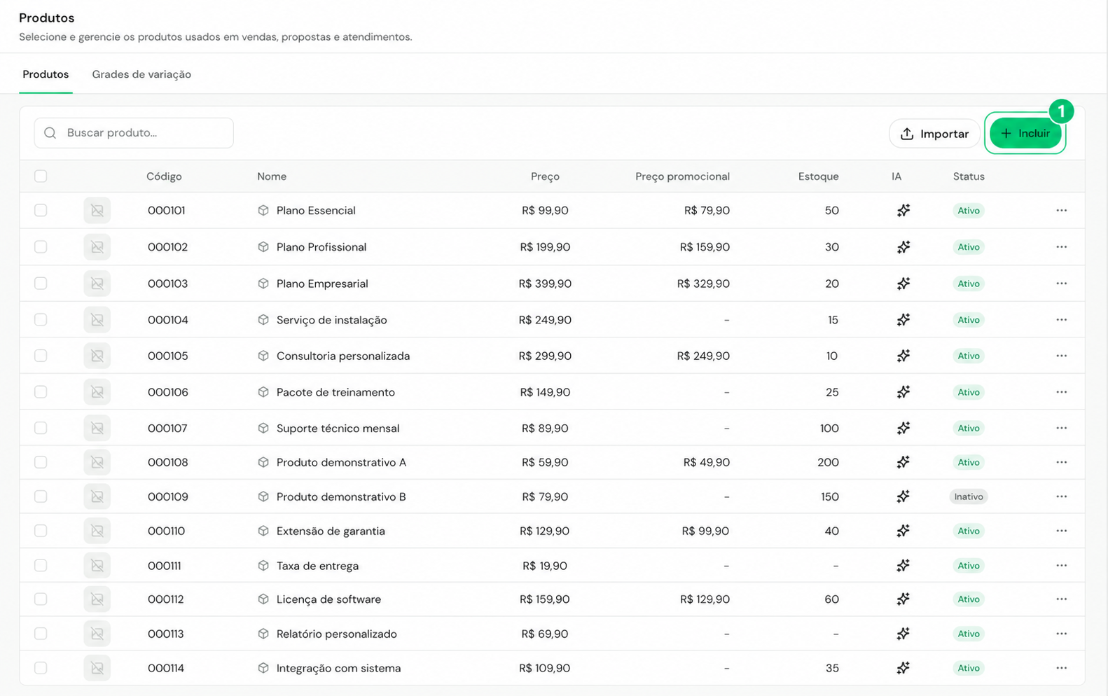 Lista de produtos com busca, preço, estoque, status e botão Incluir